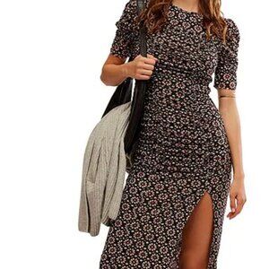 Free People Briella Floral Print Crew Neck Short Sleeve Ruched Midi Dress, L